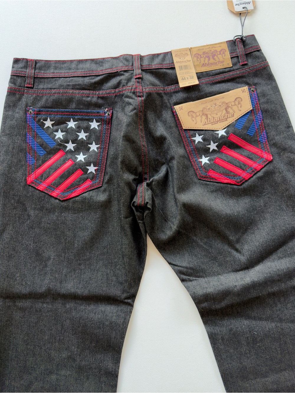 NWT Ablanche Men's Blue Jeans Red Accents Size 42x32 100% Cotton Straight Y2k - Picture 8 of 10